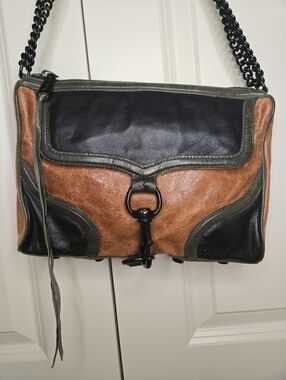 Rebecca Minkoff Leather Crossbody Bag Colorblock Brown Green Black Chain Strap